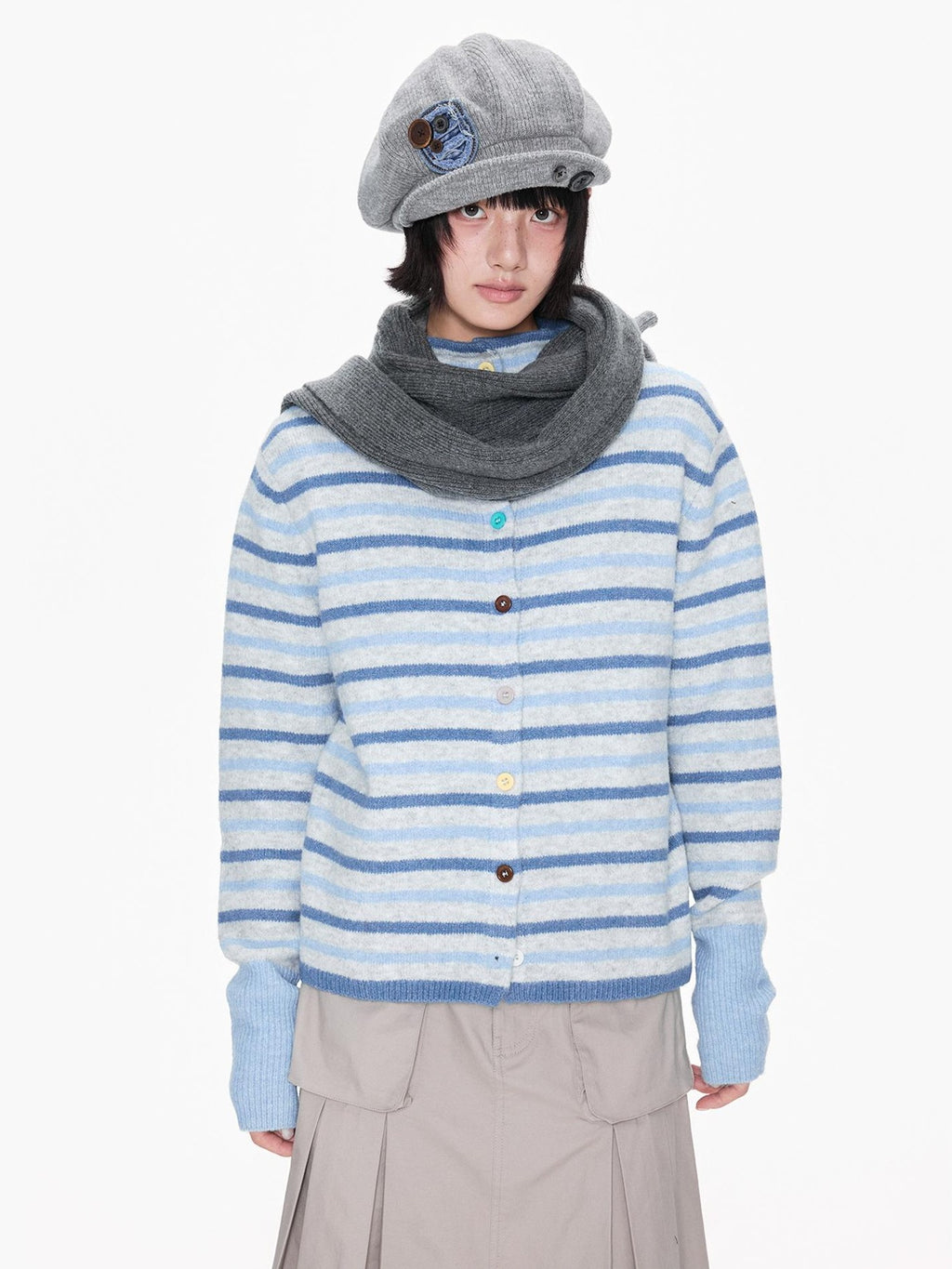 EZEK Striped Color Block Button Stand Collar Knit Women's Cardigans