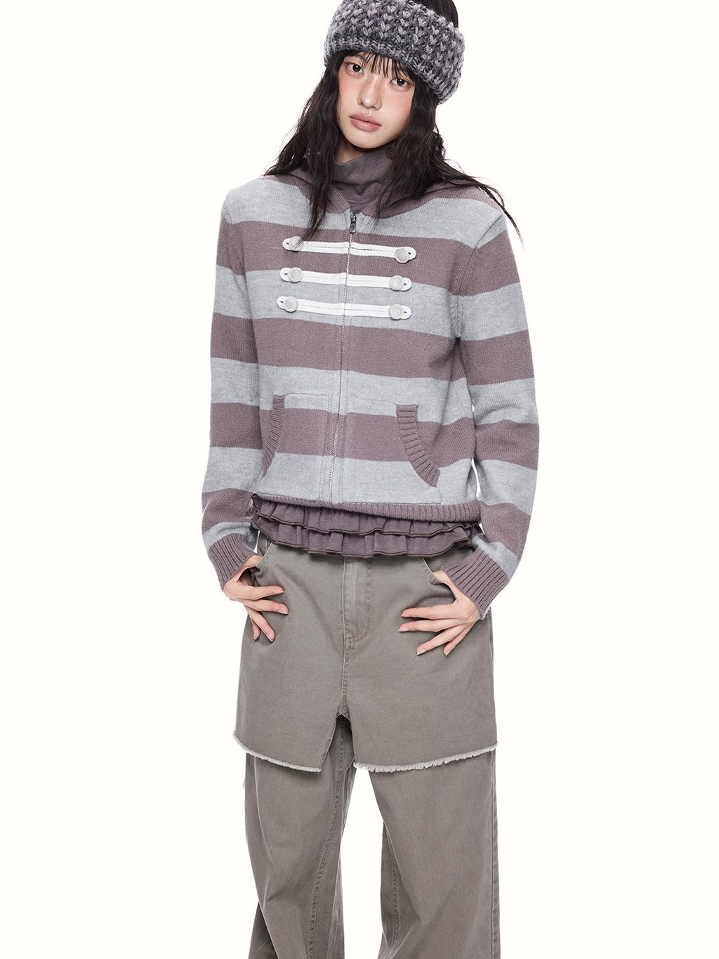 EZEK Striped Color Block Hooded Zip Knit Women's Cardigans