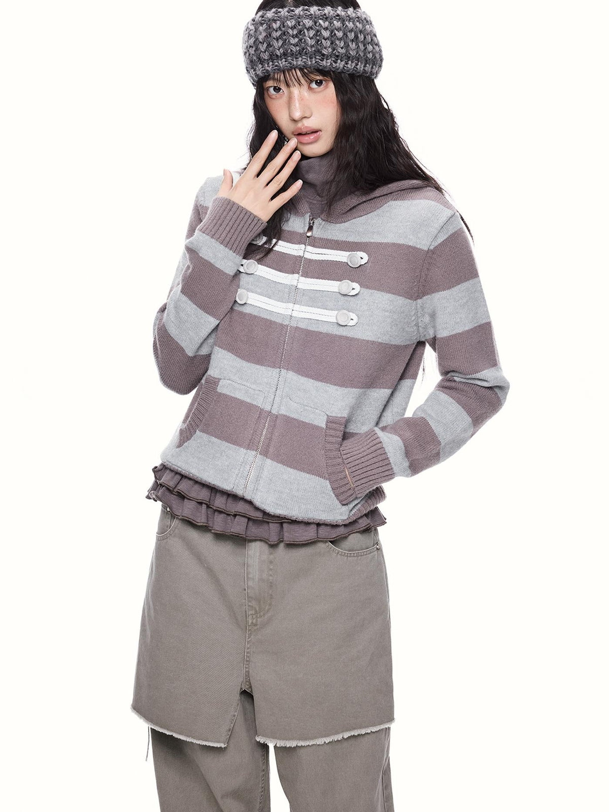 EZEK Striped Color Block Hooded Zip Knit Women's Cardigans