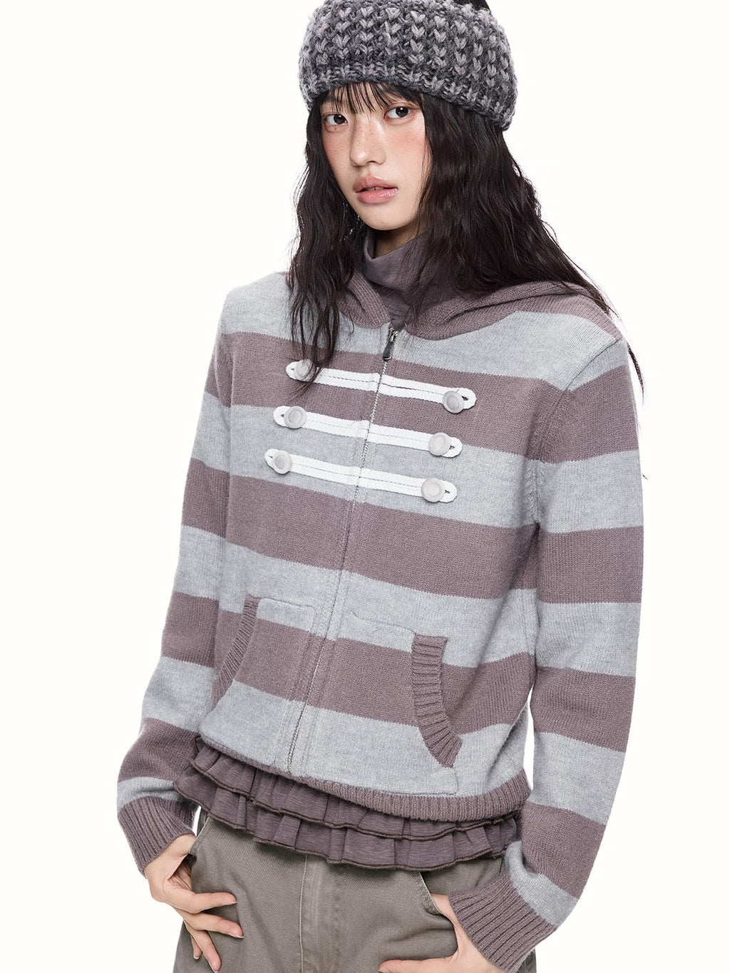 EZEK Striped Color Block Hooded Zip Knit Women's Cardigans