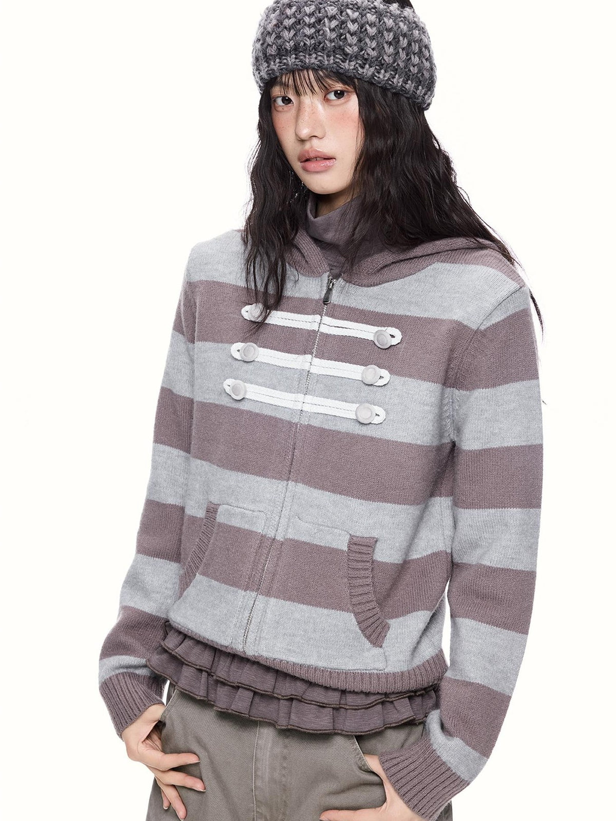 EZEK Striped Color Block Hooded Zip Knit Women's Cardigans
