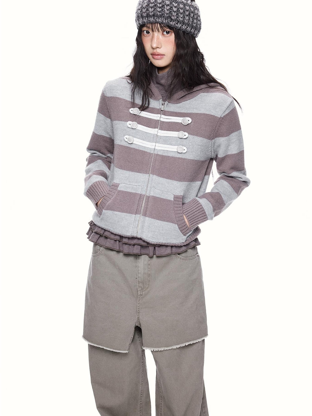 EZEK Striped Color Block Hooded Zip Knit Women's Cardigans