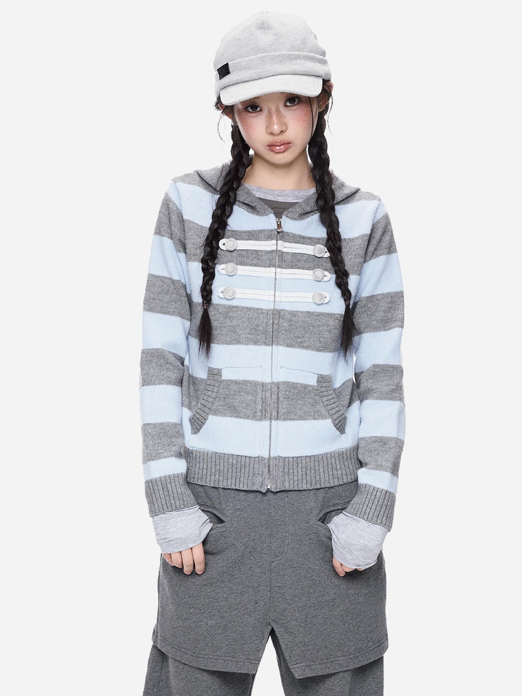 EZEK Striped Color Block Hooded Zip Knit Women's Cardigans