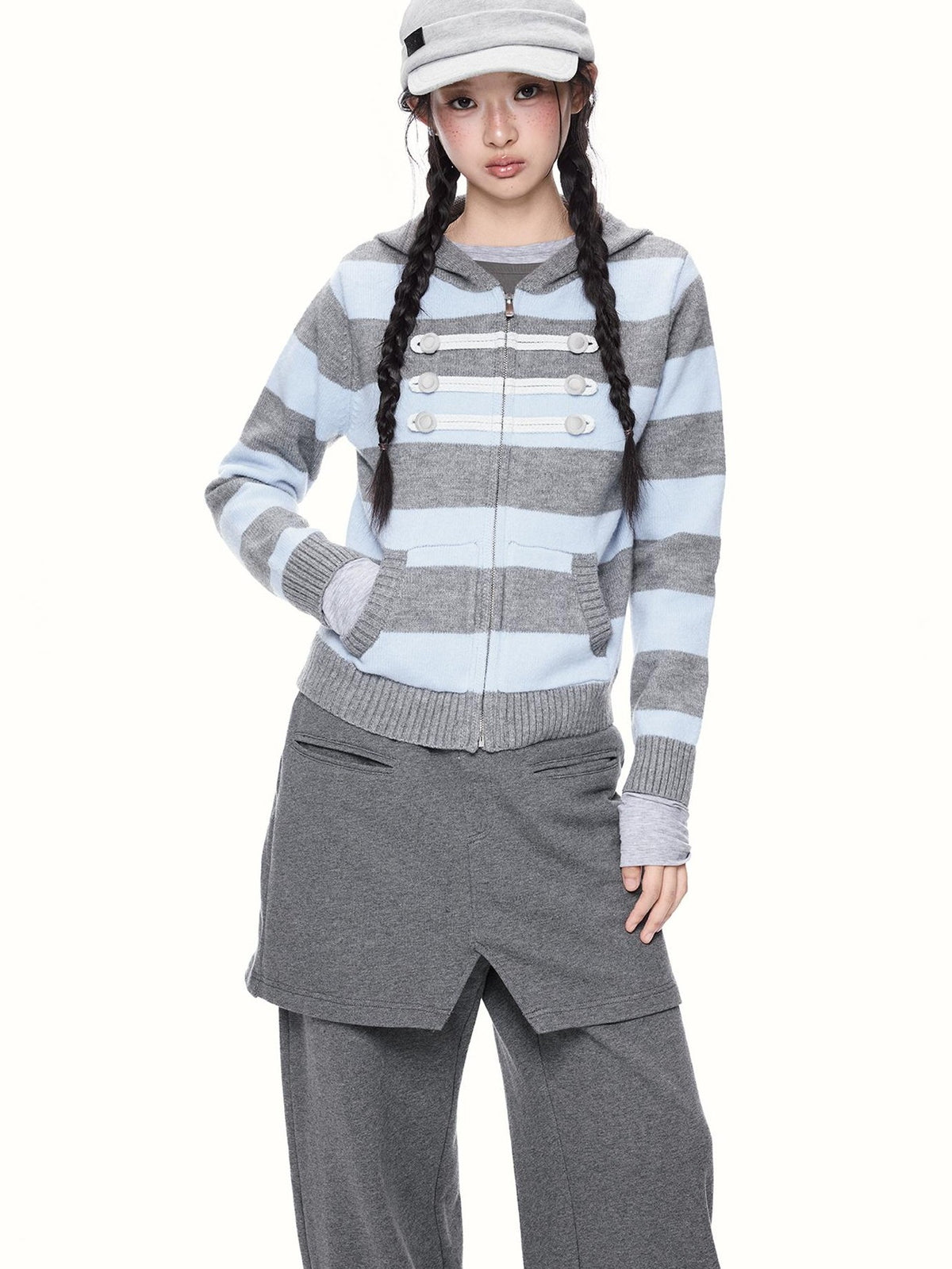 EZEK Striped Color Block Hooded Zip Knit Women's Cardigans