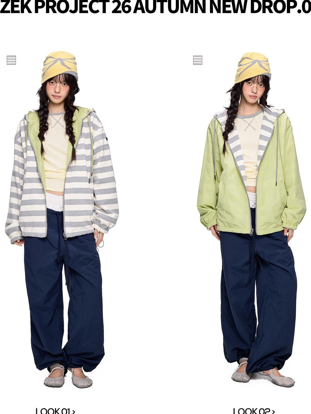 EZEK Striped Color Block Loose Cotton Women's Zip-up Hoodies