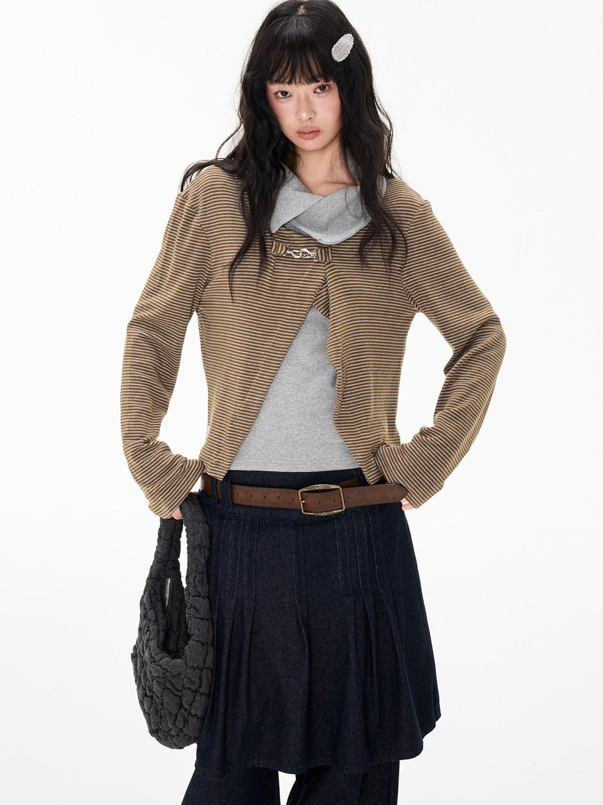 EZEK Striped Color Block Turn Down Collar Long Sleeve Women's Polyester Cardigans