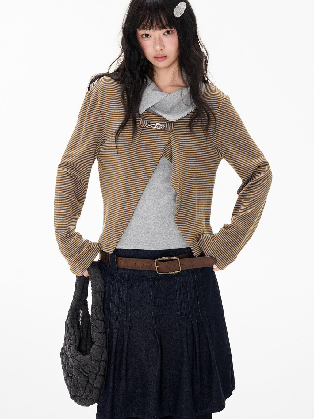 EZEK Striped Color Block Turn Down Collar Long Sleeve Women's Polyester Cardigans