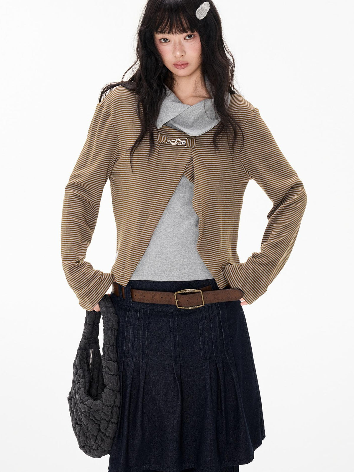 EZEK Striped Color Block Turn Down Collar Long Sleeve Women's Polyester Cardigans