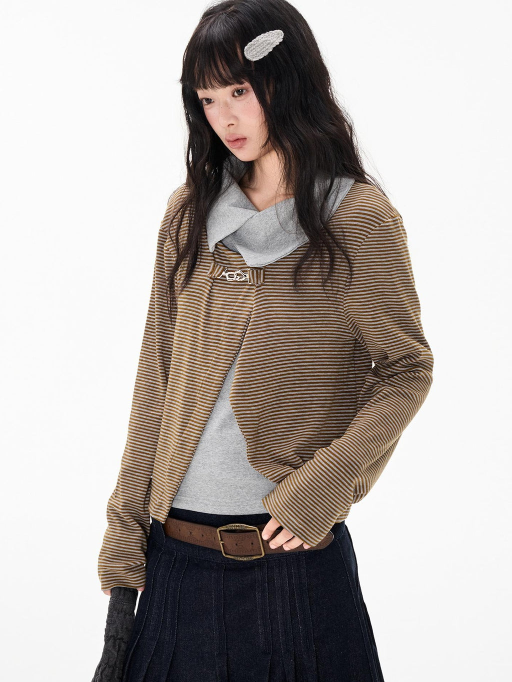 EZEK Striped Color Block Turn Down Collar Long Sleeve Women's Polyester Cardigans