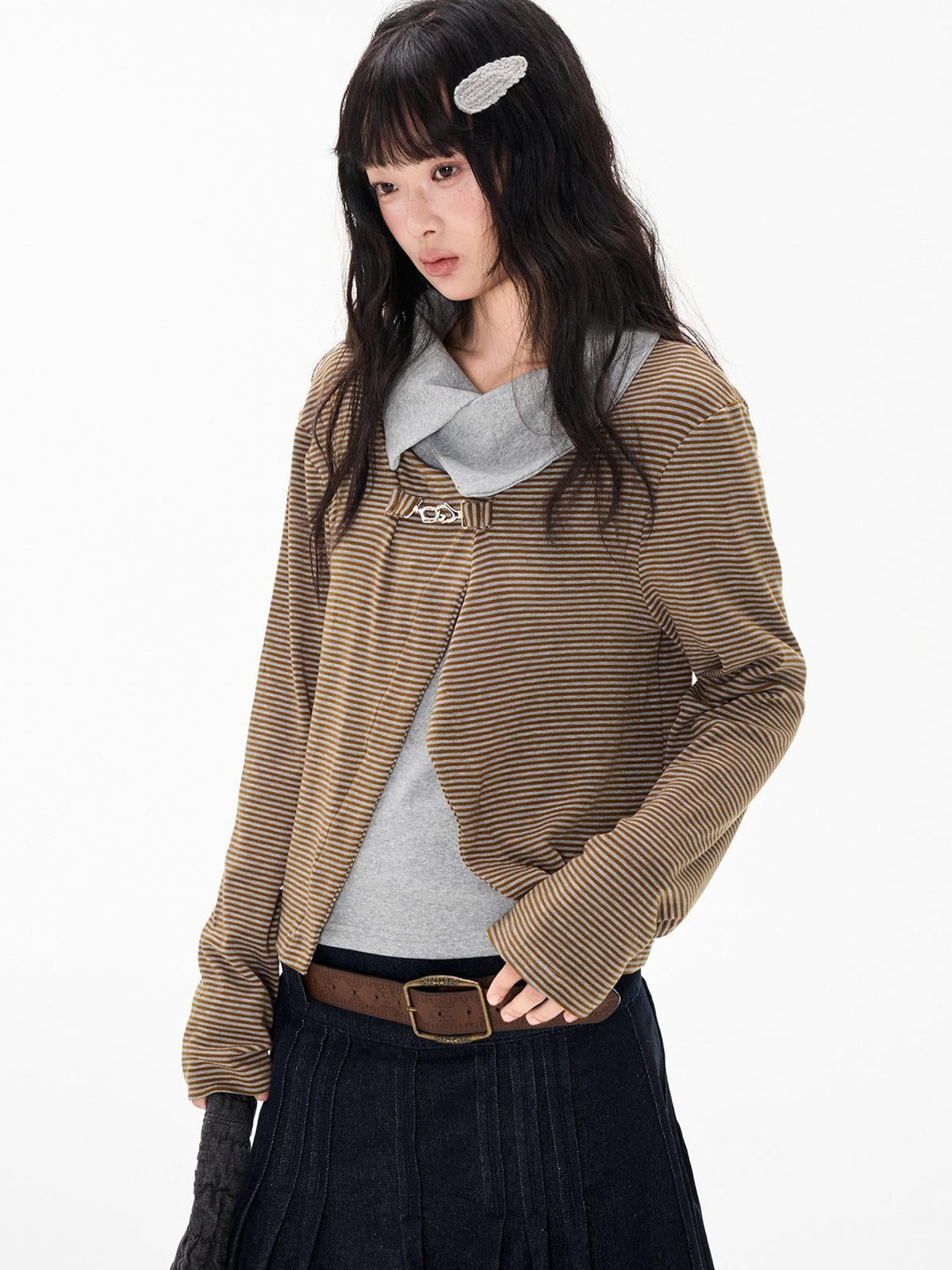 EZEK Striped Color Block Turn Down Collar Long Sleeve Women's Polyester Cardigans