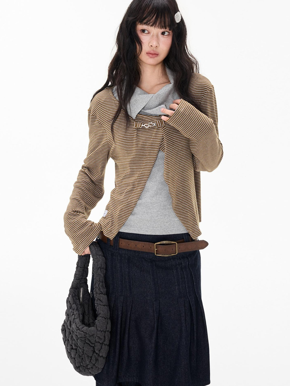 EZEK Striped Color Block Turn Down Collar Long Sleeve Women's Polyester Cardigans