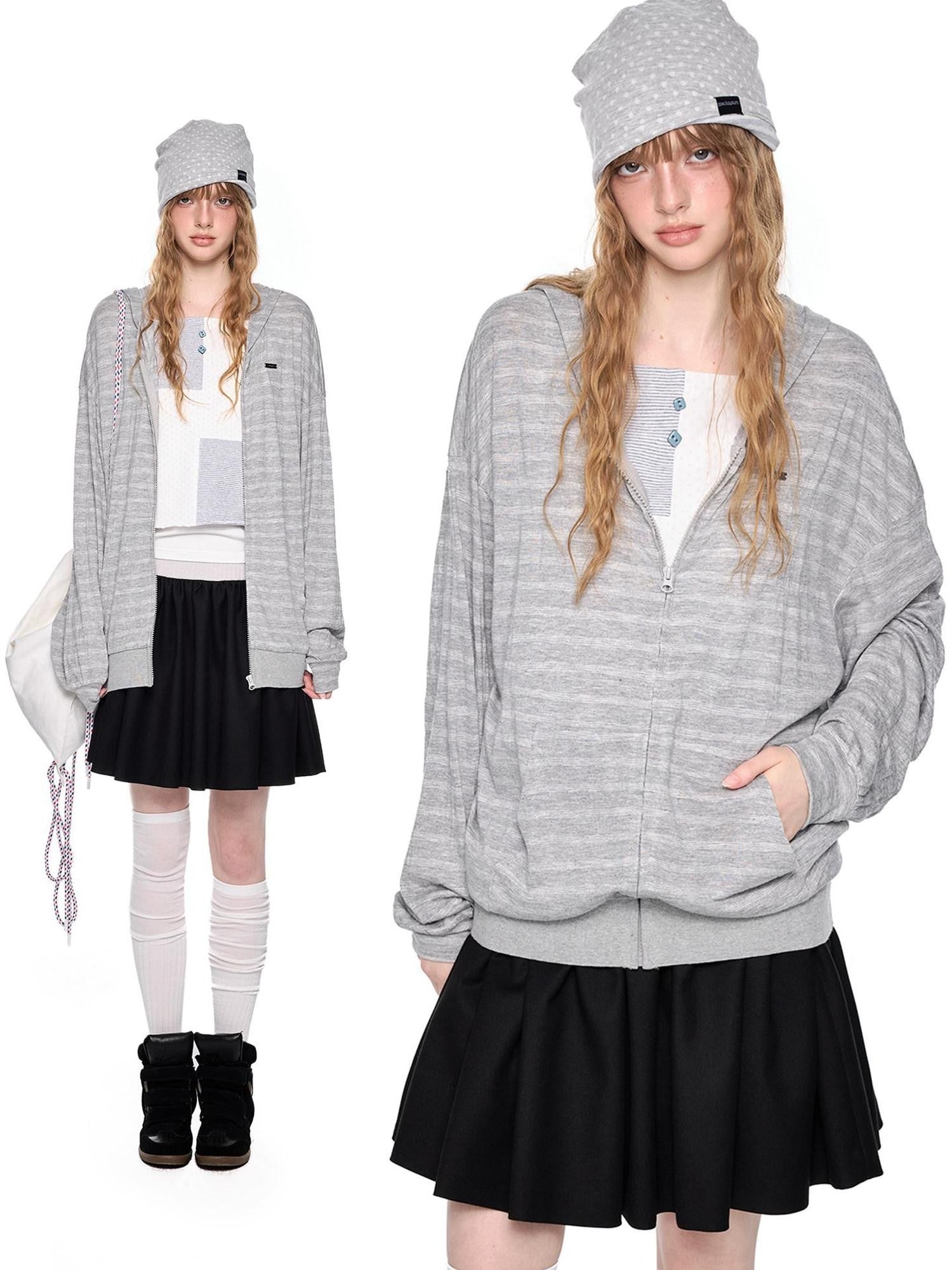 EZEK Striped Colorblock Hooded Zip Women's Lyocell Blend Long Sleeve T-shirts