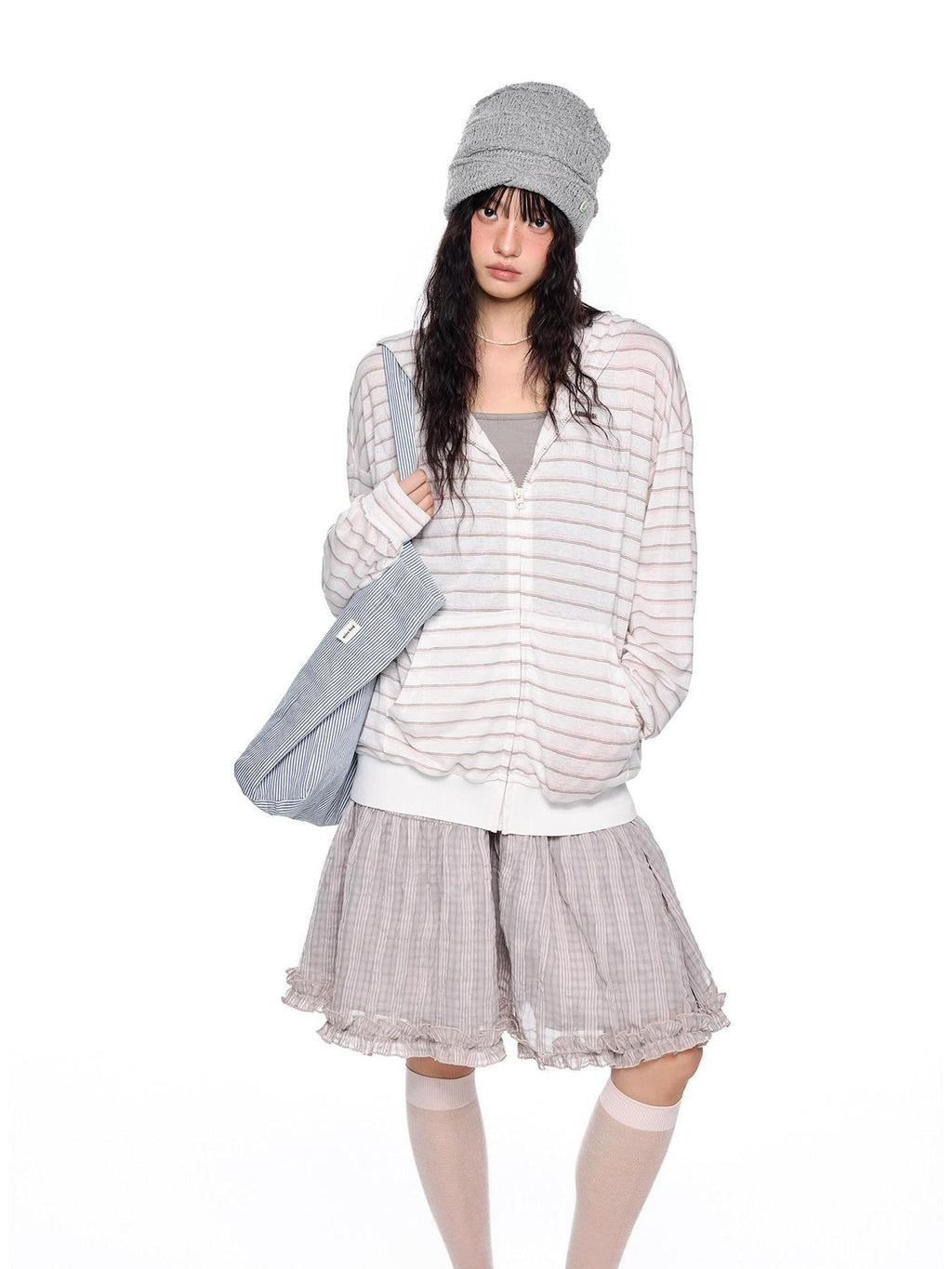 EZEK Striped Colorblock Hooded Zip Women's Lyocell Blend Long Sleeve T-shirts