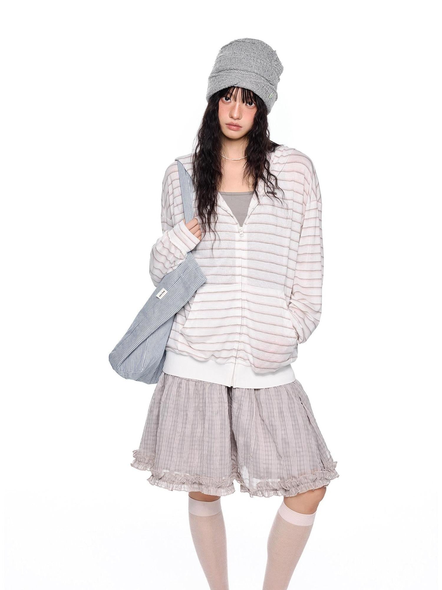 EZEK Striped Colorblock Hooded Zip Women's Lyocell Blend Long Sleeve T-shirts