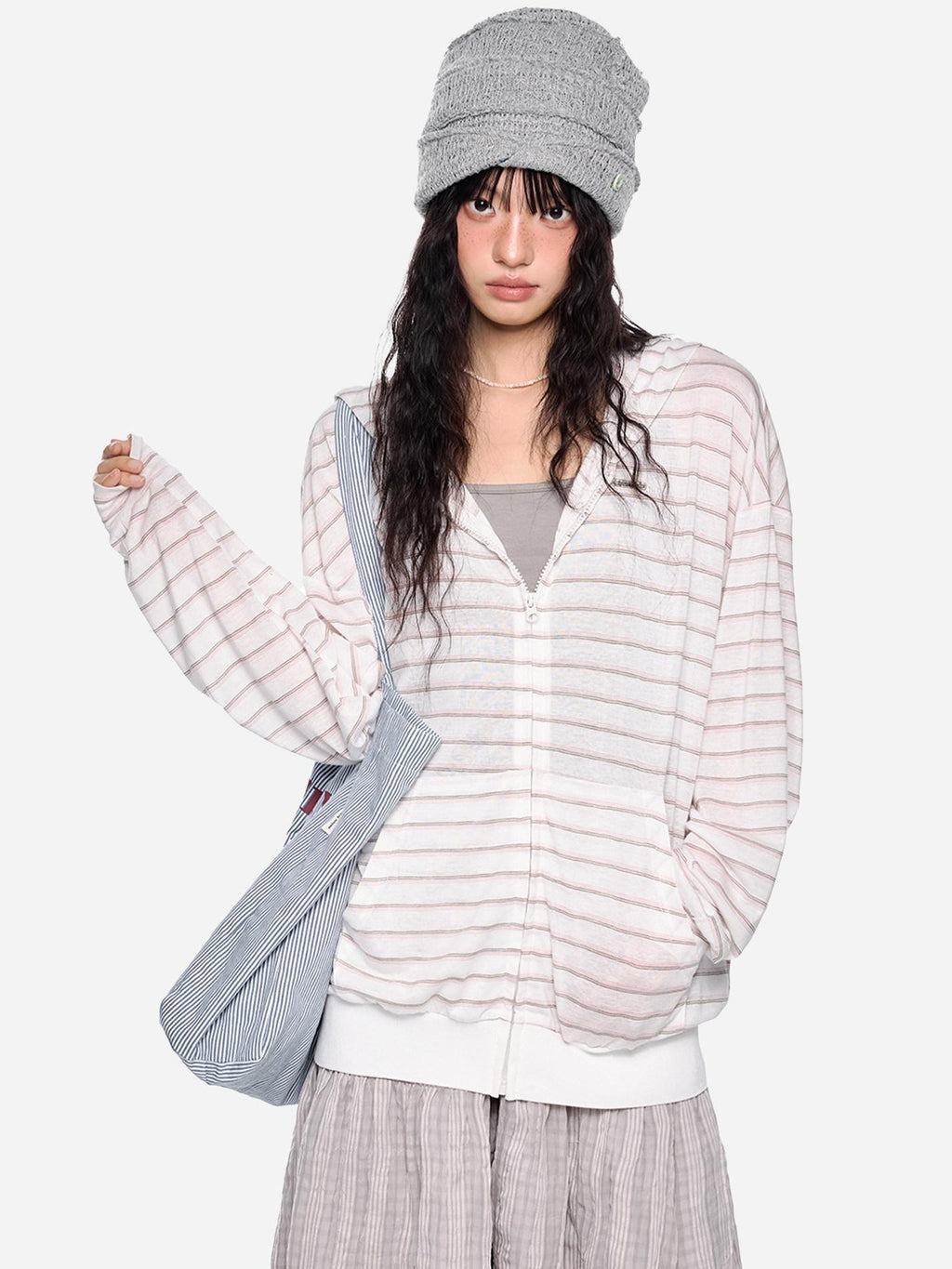 EZEK Striped Colorblock Hooded Zip Women's Lyocell Blend Long Sleeve T-shirts