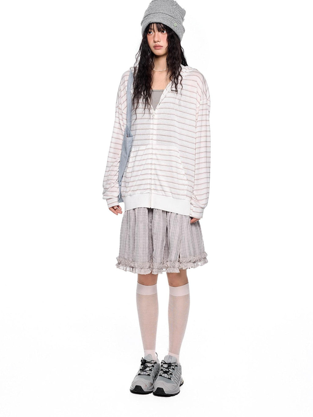 EZEK Striped Colorblock Hooded Zip Women's Lyocell Blend Long Sleeve T-shirts