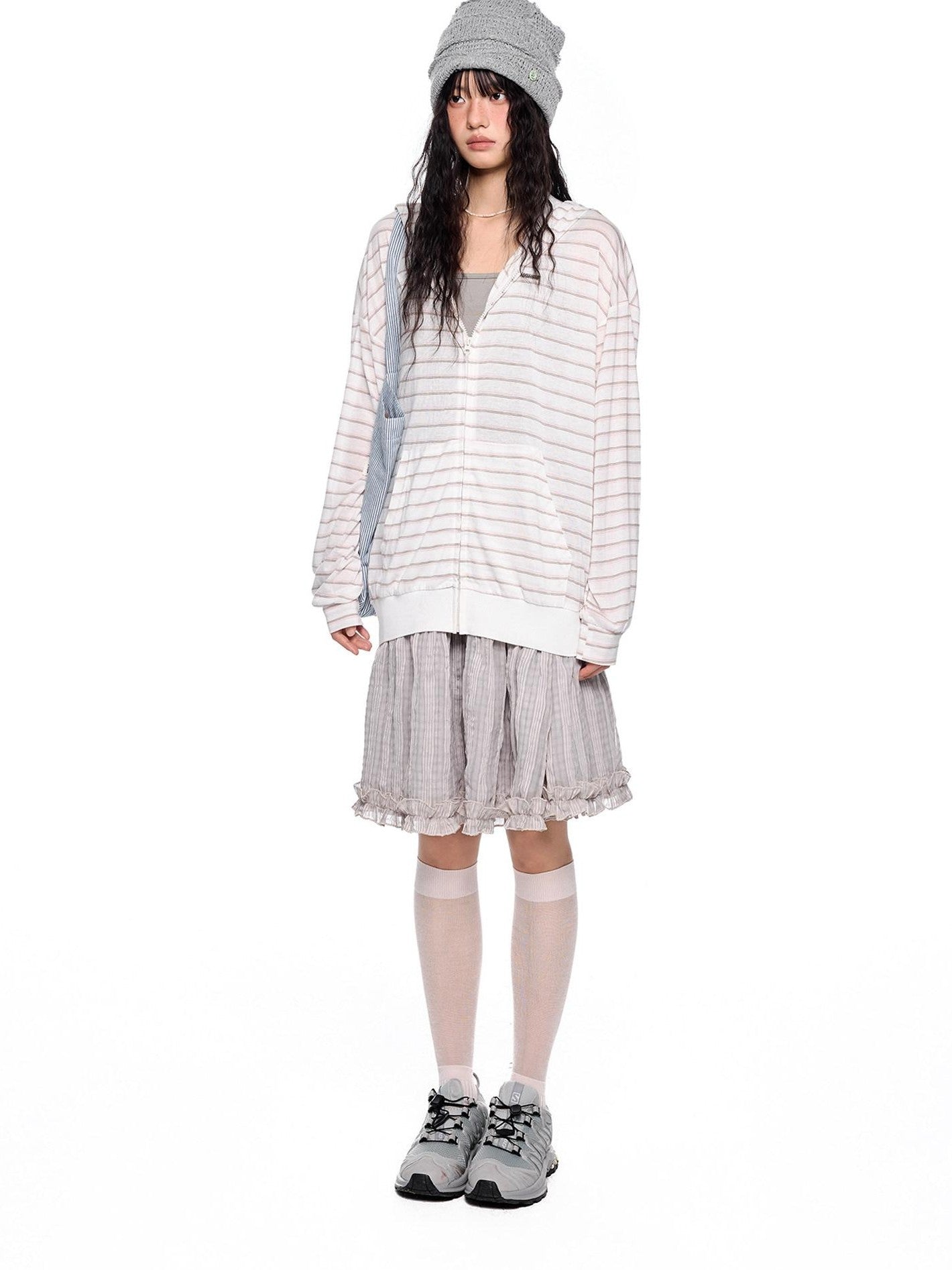 EZEK Striped Colorblock Hooded Zip Women's Lyocell Blend Long Sleeve T-shirts