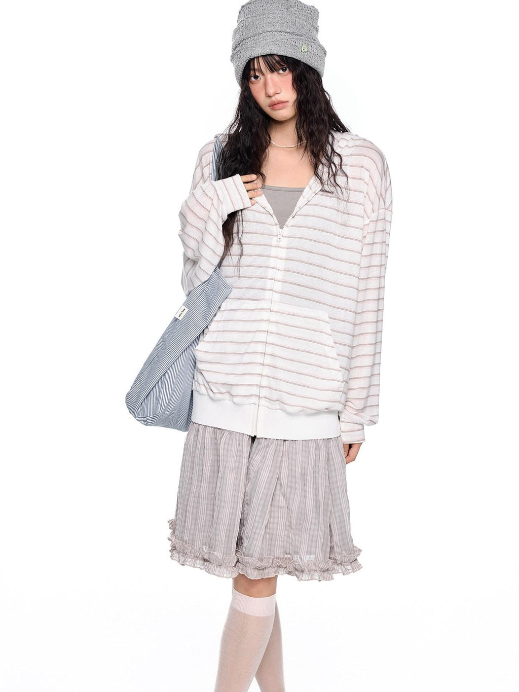 EZEK Striped Colorblock Hooded Zip Women's Lyocell Blend Long Sleeve T-shirts