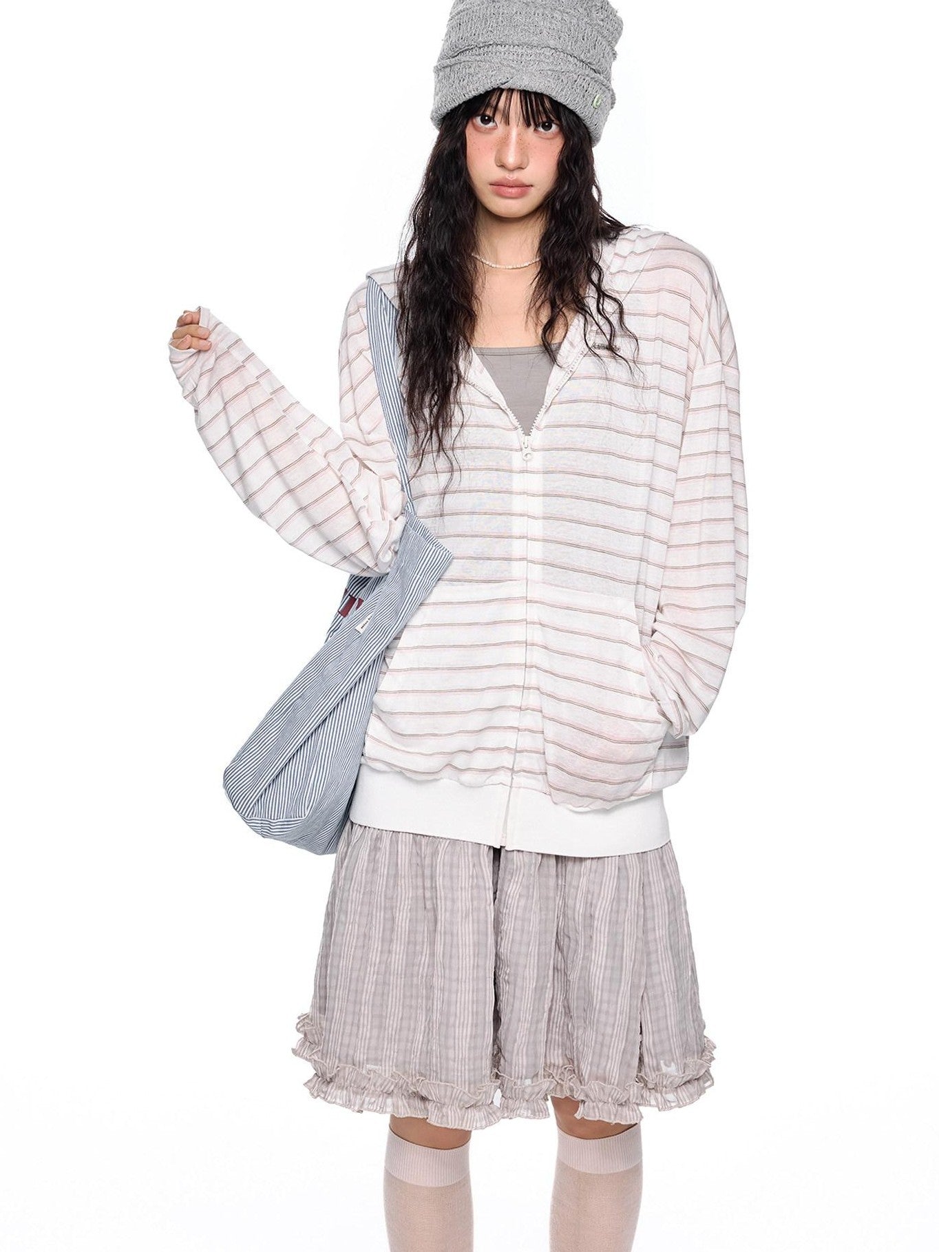 EZEK Striped Colorblock Hooded Zip Women's Lyocell Blend Long Sleeve T-shirts