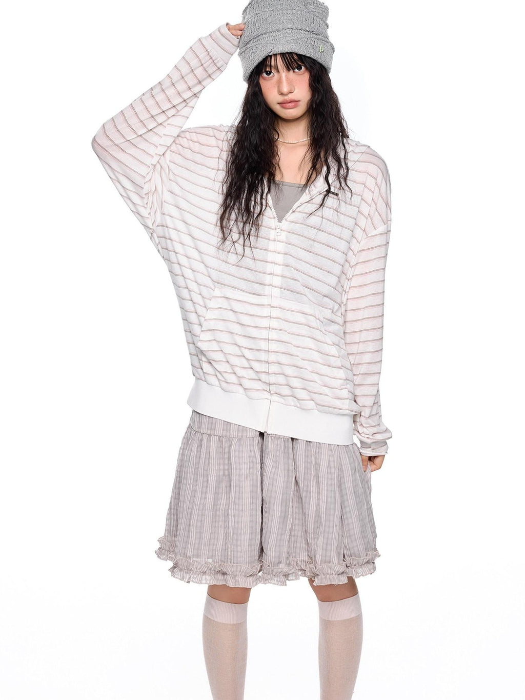 EZEK Striped Colorblock Hooded Zip Women's Lyocell Blend Long Sleeve T-shirts