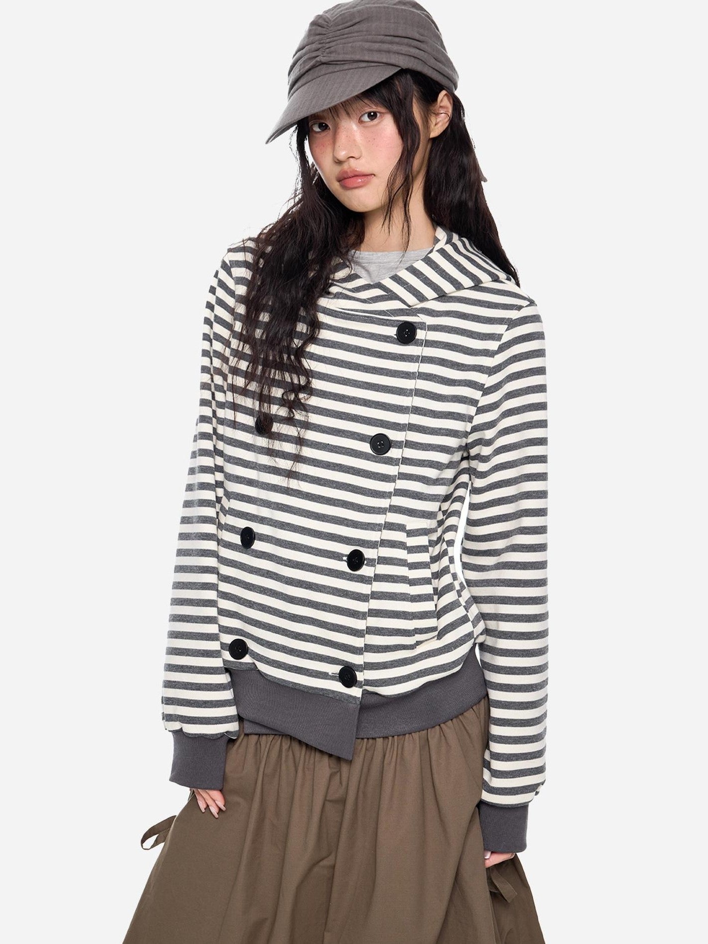 EZEK Striped Contrast Double Breasted Women's Cotton Polyester Blend Hoodies