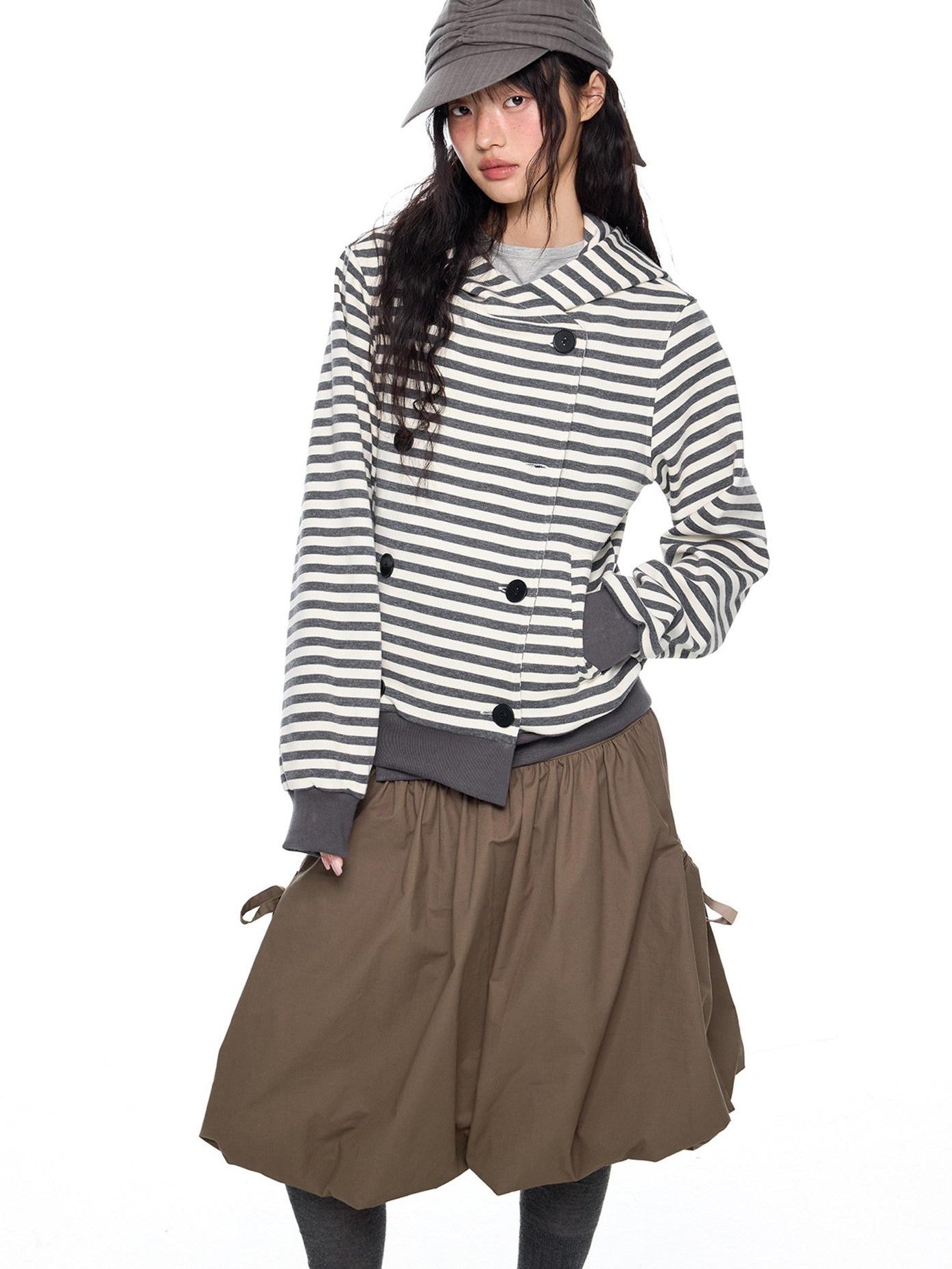 EZEK Striped Contrast Double Breasted Women's Cotton Polyester Blend Hoodies