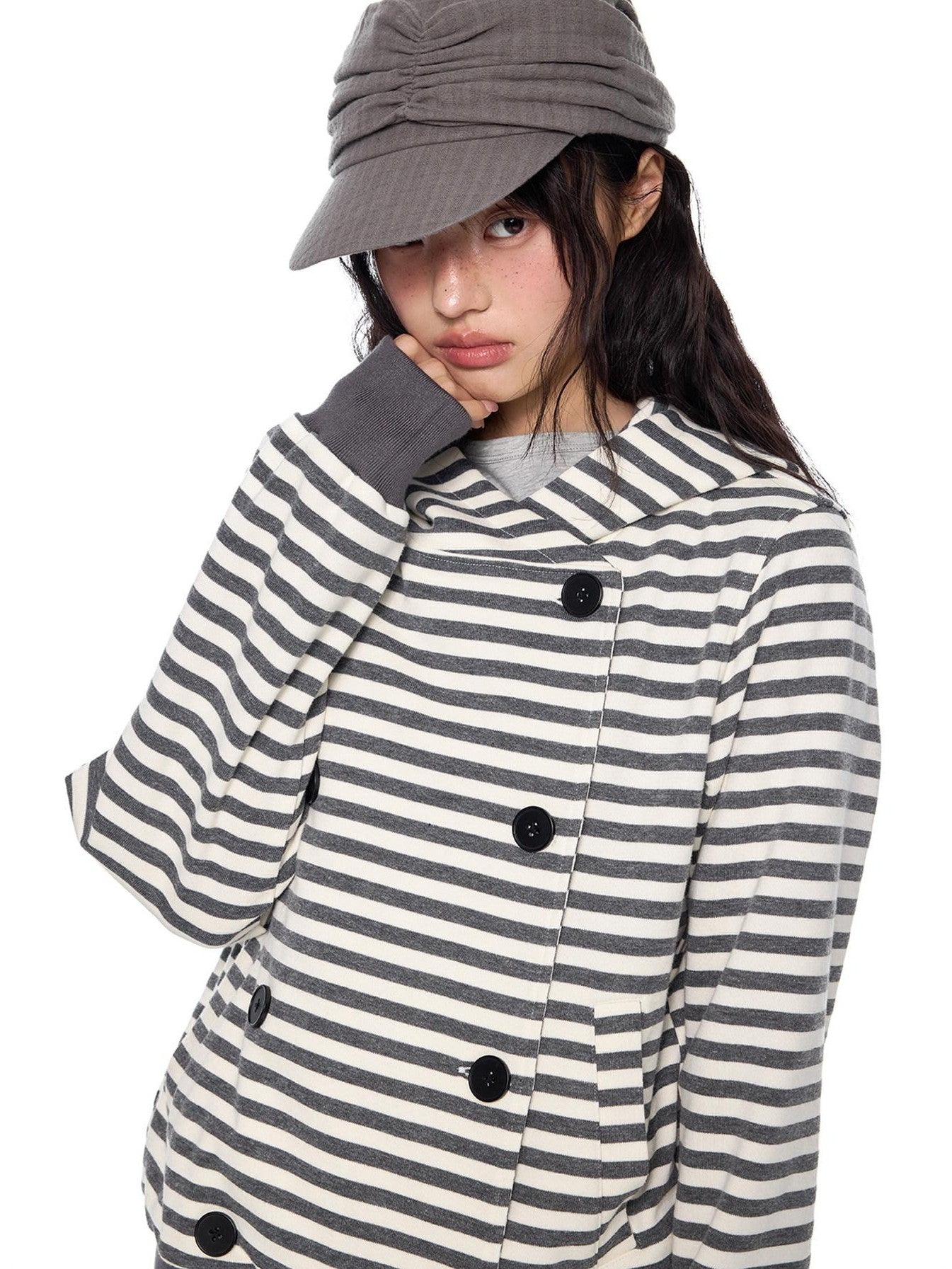 EZEK Striped Contrast Double Breasted Women's Cotton Polyester Blend Hoodies