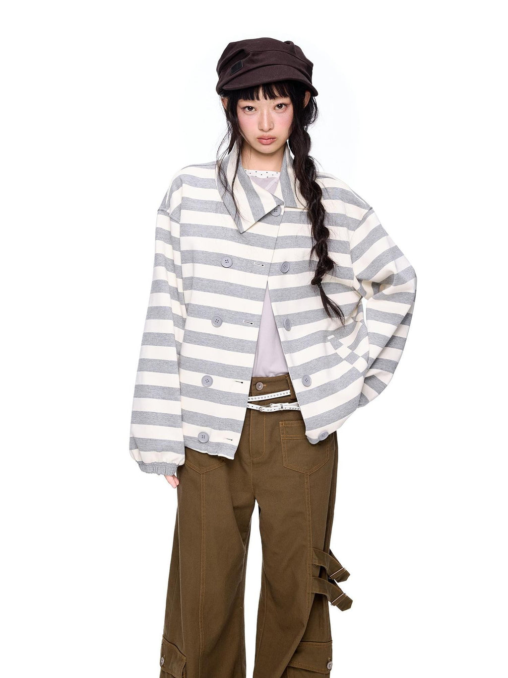EZEK Striped Double Breasted Color Block Collared Women's Cotton Cardigans