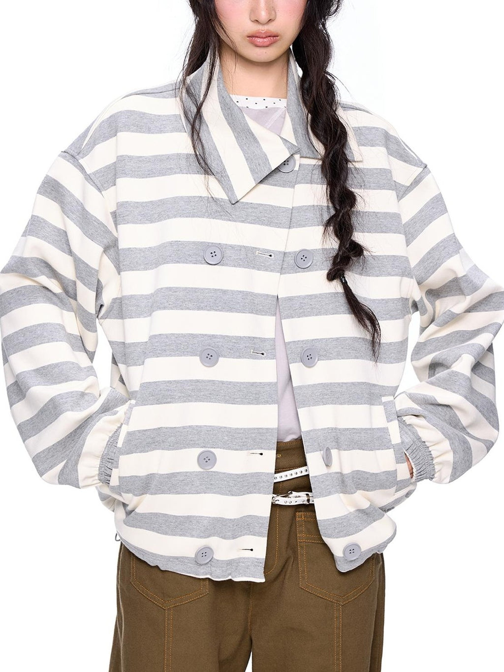 EZEK Striped Double Breasted Color Block Collared Women's Cotton Cardigans