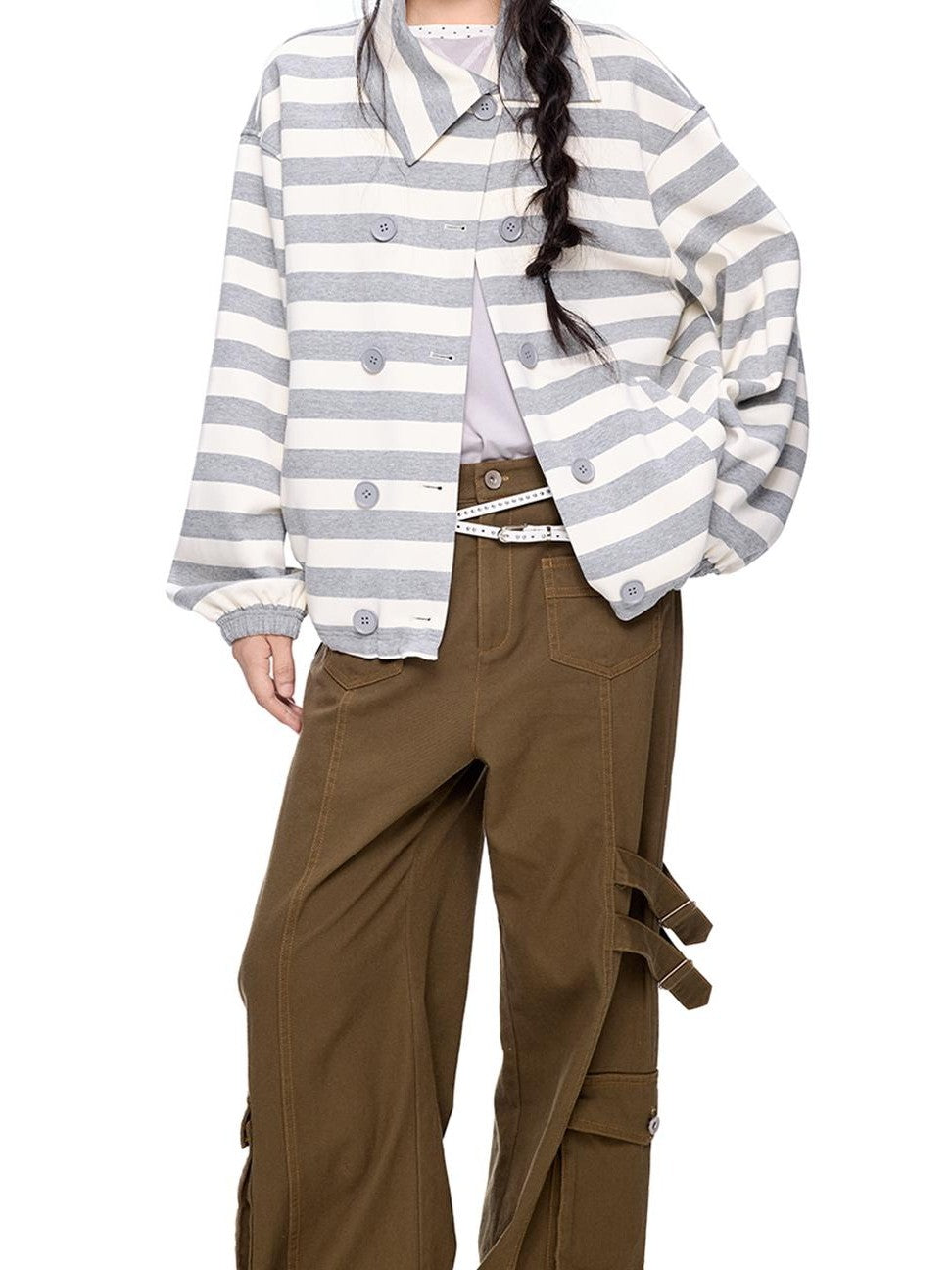 EZEK Striped Double Breasted Color Block Collared Women's Cotton Cardigans