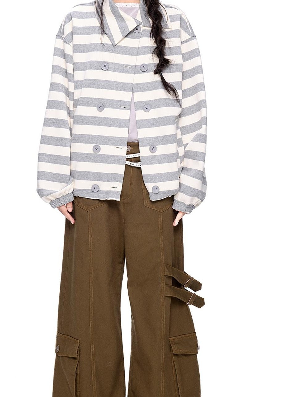 EZEK Striped Double Breasted Color Block Collared Women's Cotton Cardigans
