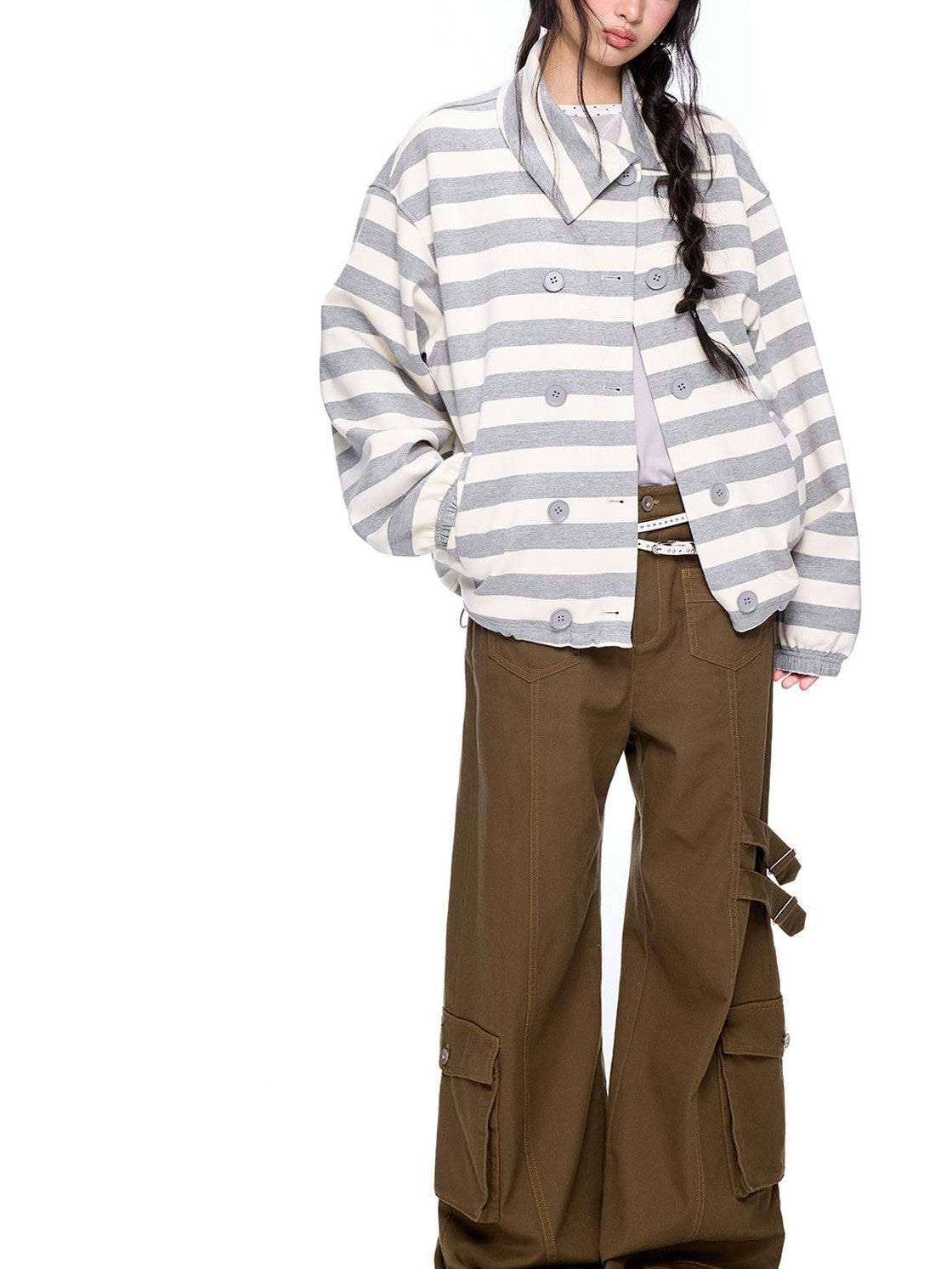 EZEK Striped Double Breasted Color Block Collared Women's Cotton Cardigans