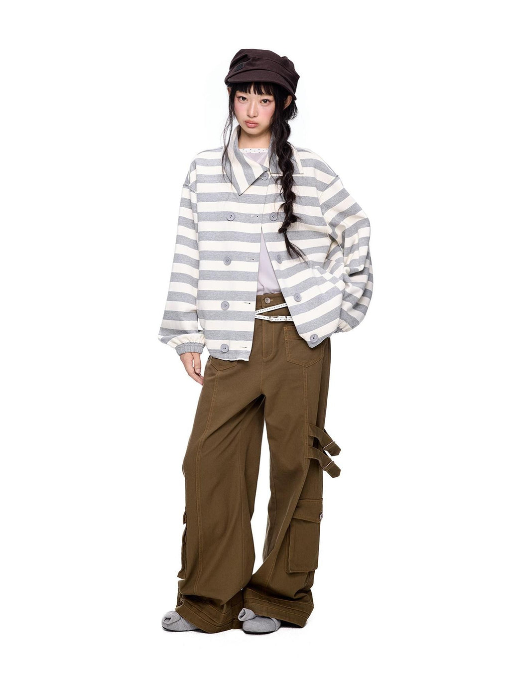 EZEK Striped Double Breasted Color Block Collared Women's Cotton Cardigans
