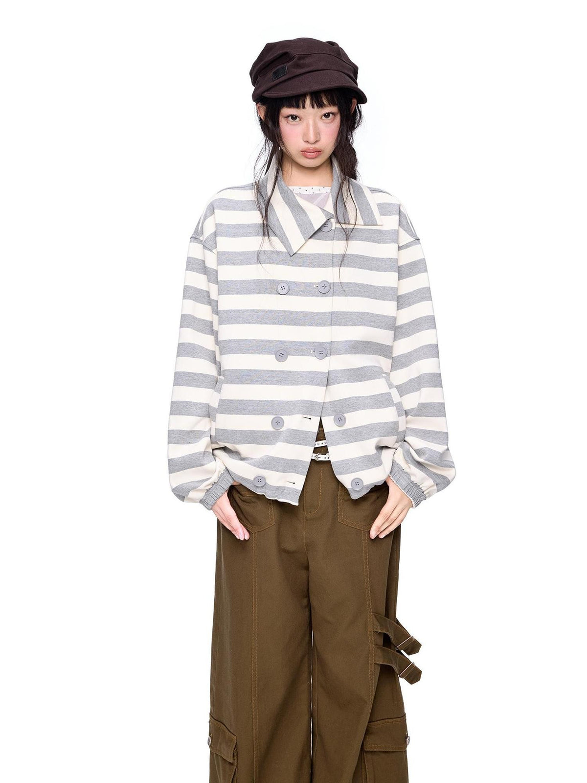 EZEK Striped Double Breasted Color Block Collared Women's Cotton Cardigans