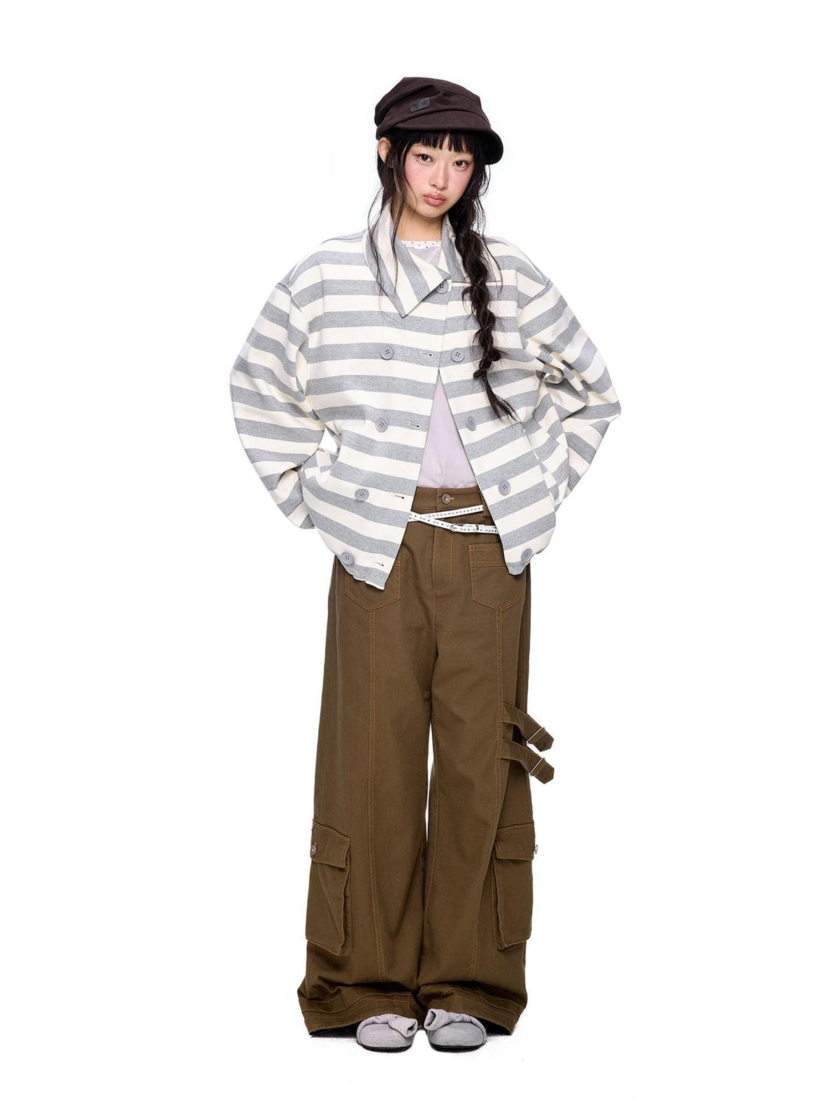 EZEK Striped Double Breasted Color Block Collared Women's Cotton Cardigans