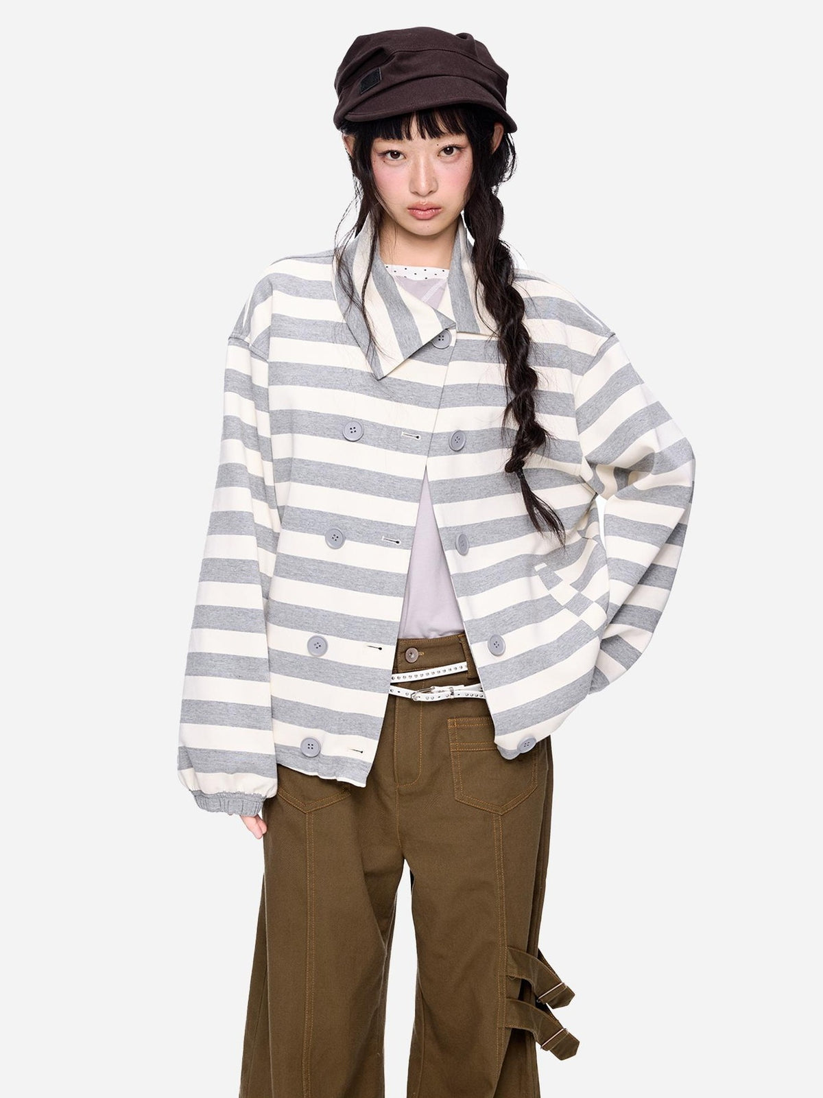 EZEK Striped Double Breasted Color Block Collared Women's Cotton Cardigans