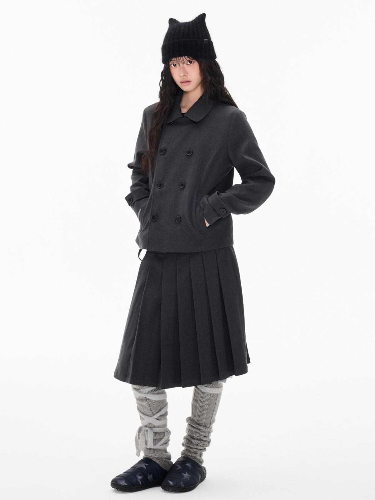 EZEK Striped Double Breasted Lapel Pleated Women's Polyester Matching Skirt Sets