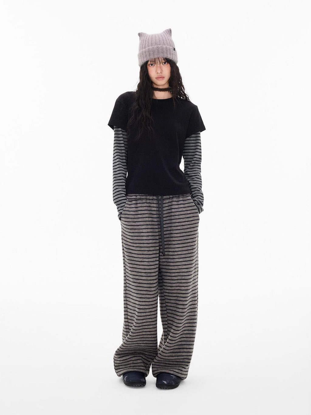 EZEK Striped Drawstring Loose Knit Women's Wide-leg Pants