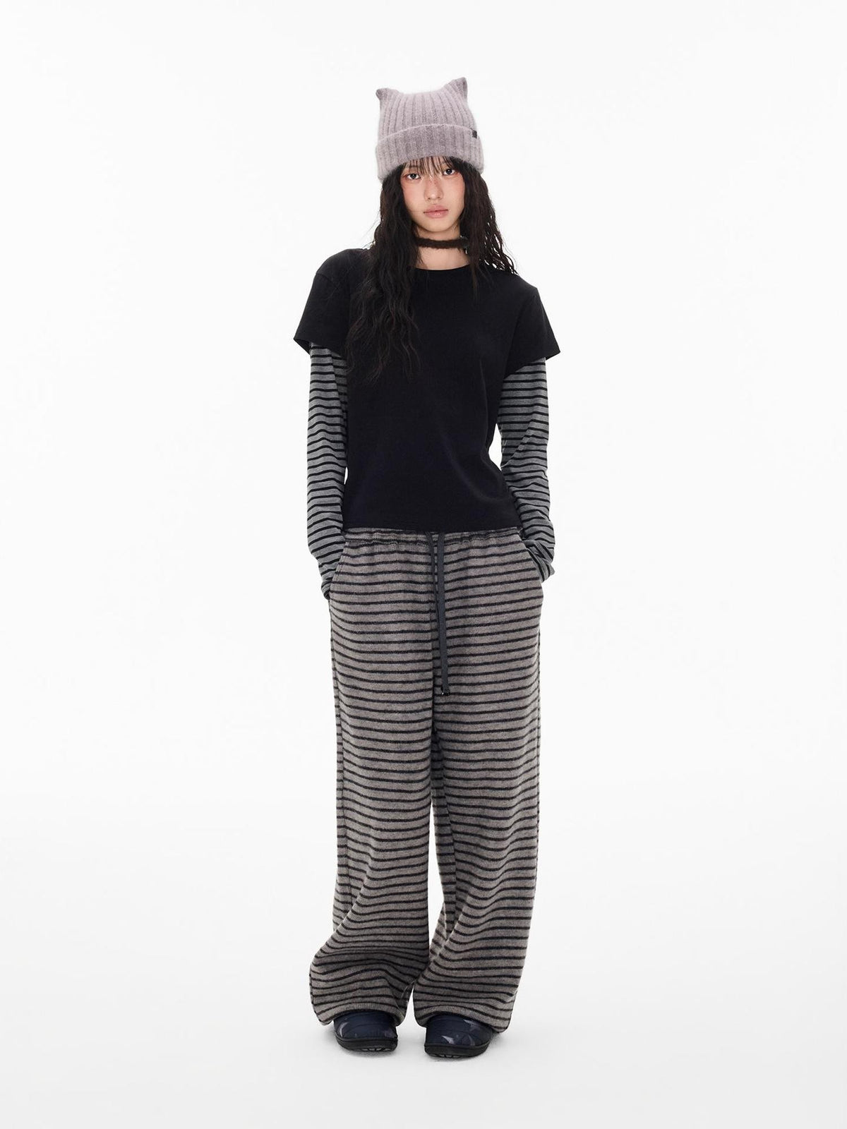 EZEK Striped Drawstring Loose Knit Women's Wide-leg Pants