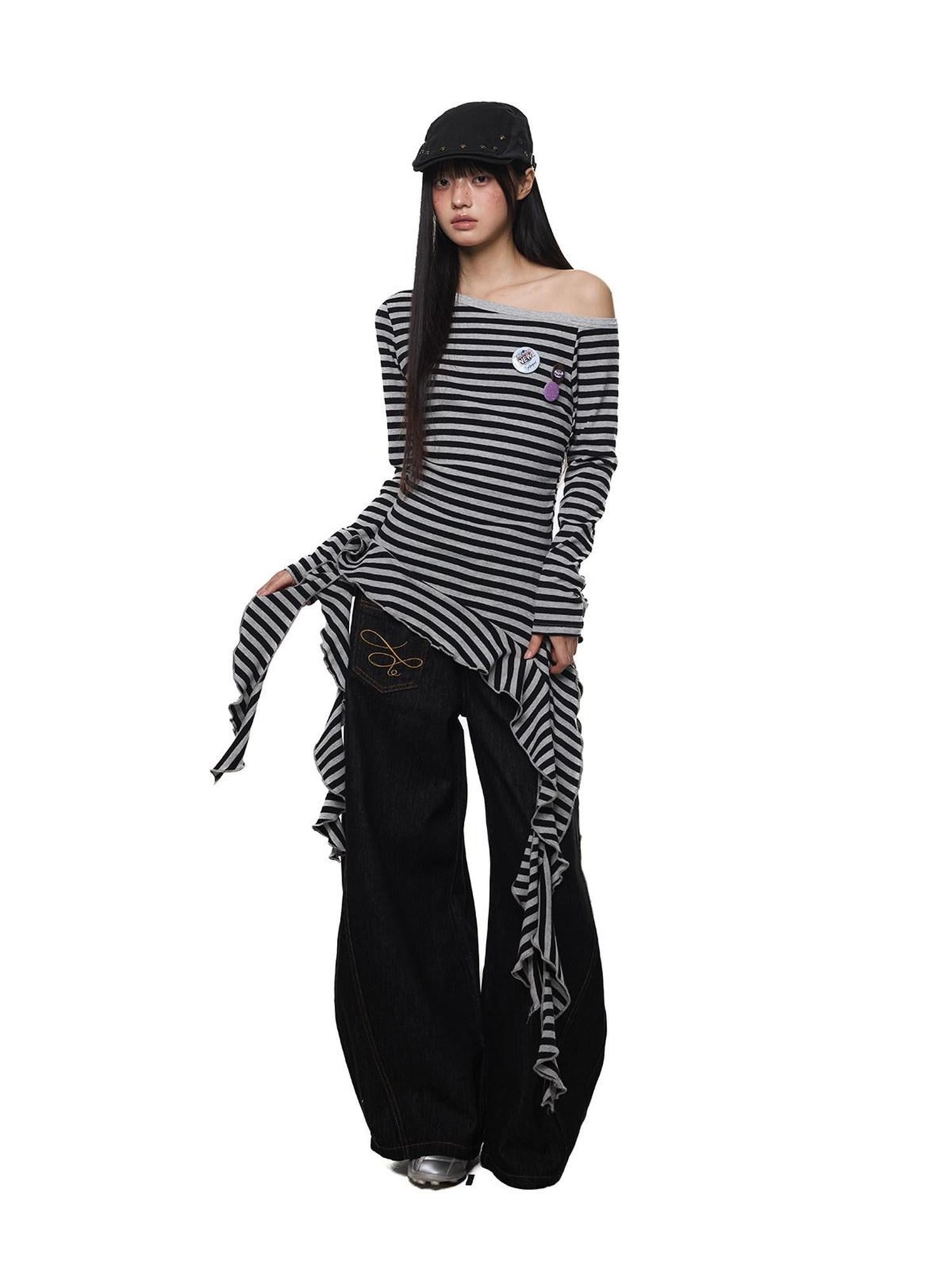EZEK Striped Fringe Ribbon Slim Fit Asymmetric Women's Cotton Tank Tops
