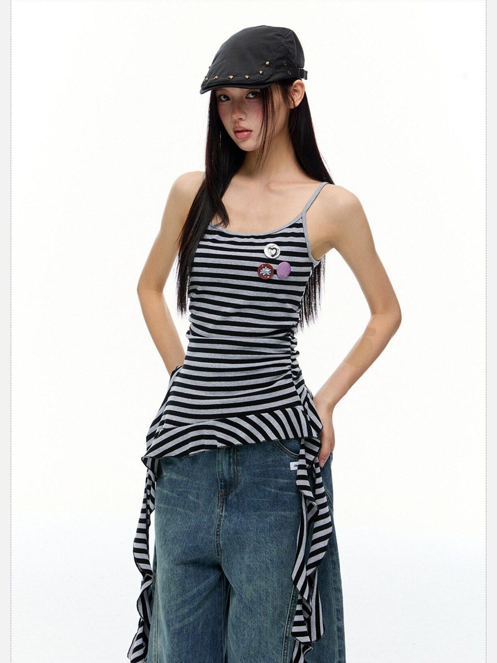 EZEK Striped Fringe Ribbon Slim Fit Asymmetric Women's Cotton Tank Tops
