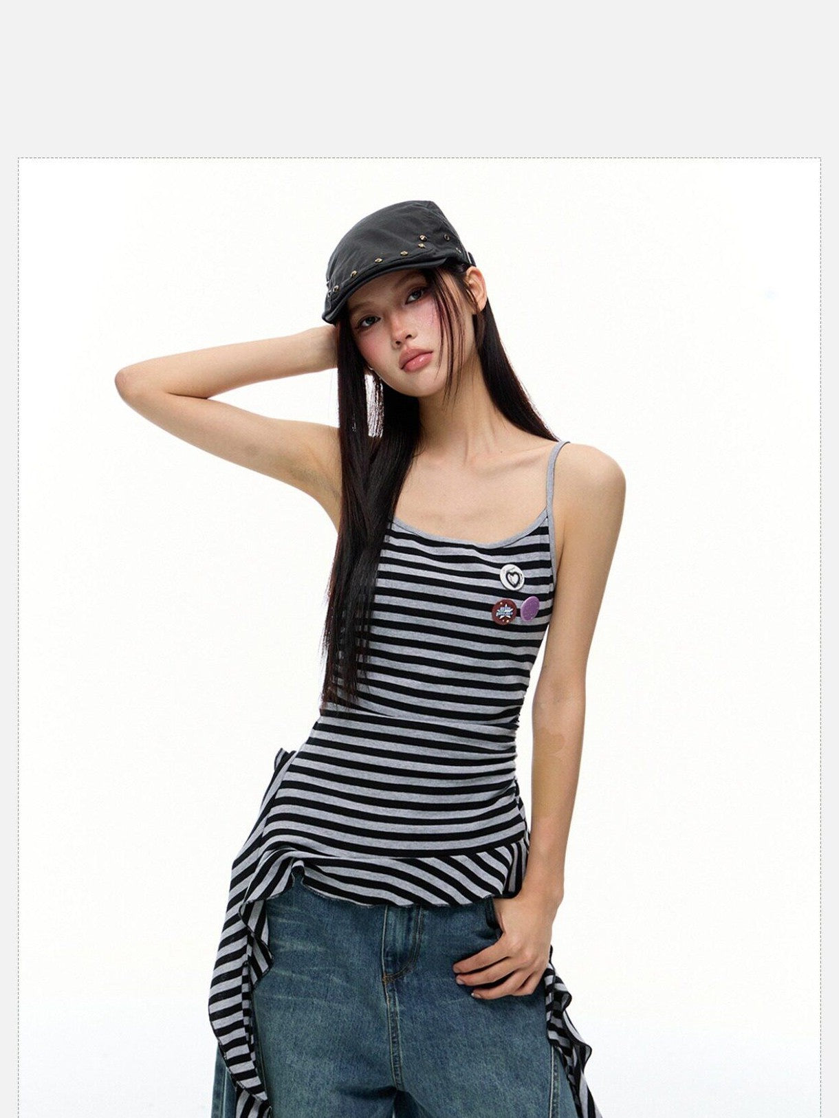 EZEK Striped Fringe Ribbon Slim Fit Asymmetric Women's Cotton Tank Tops