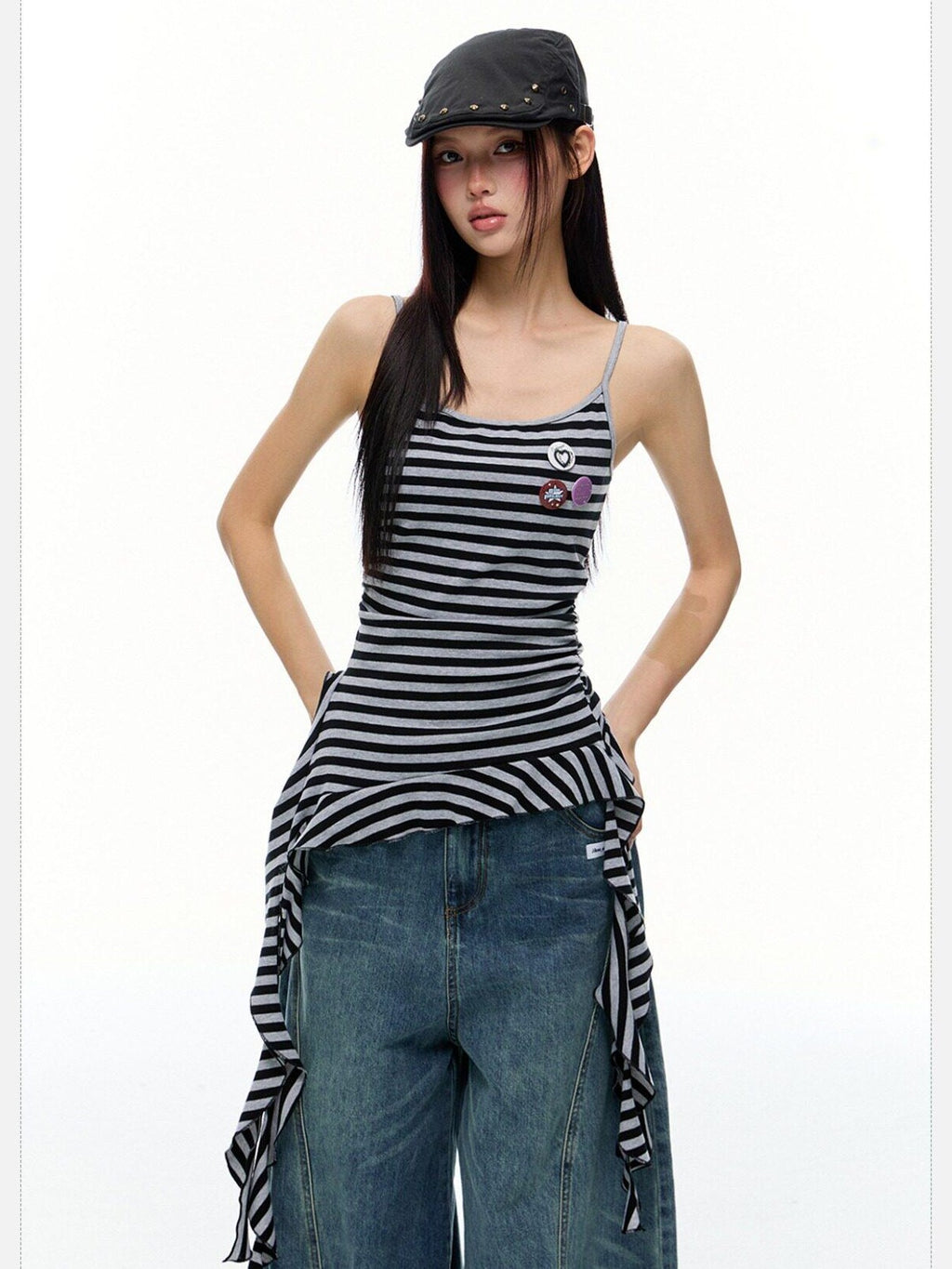 EZEK Striped Fringe Ribbon Slim Fit Asymmetric Women's Cotton Tank Tops