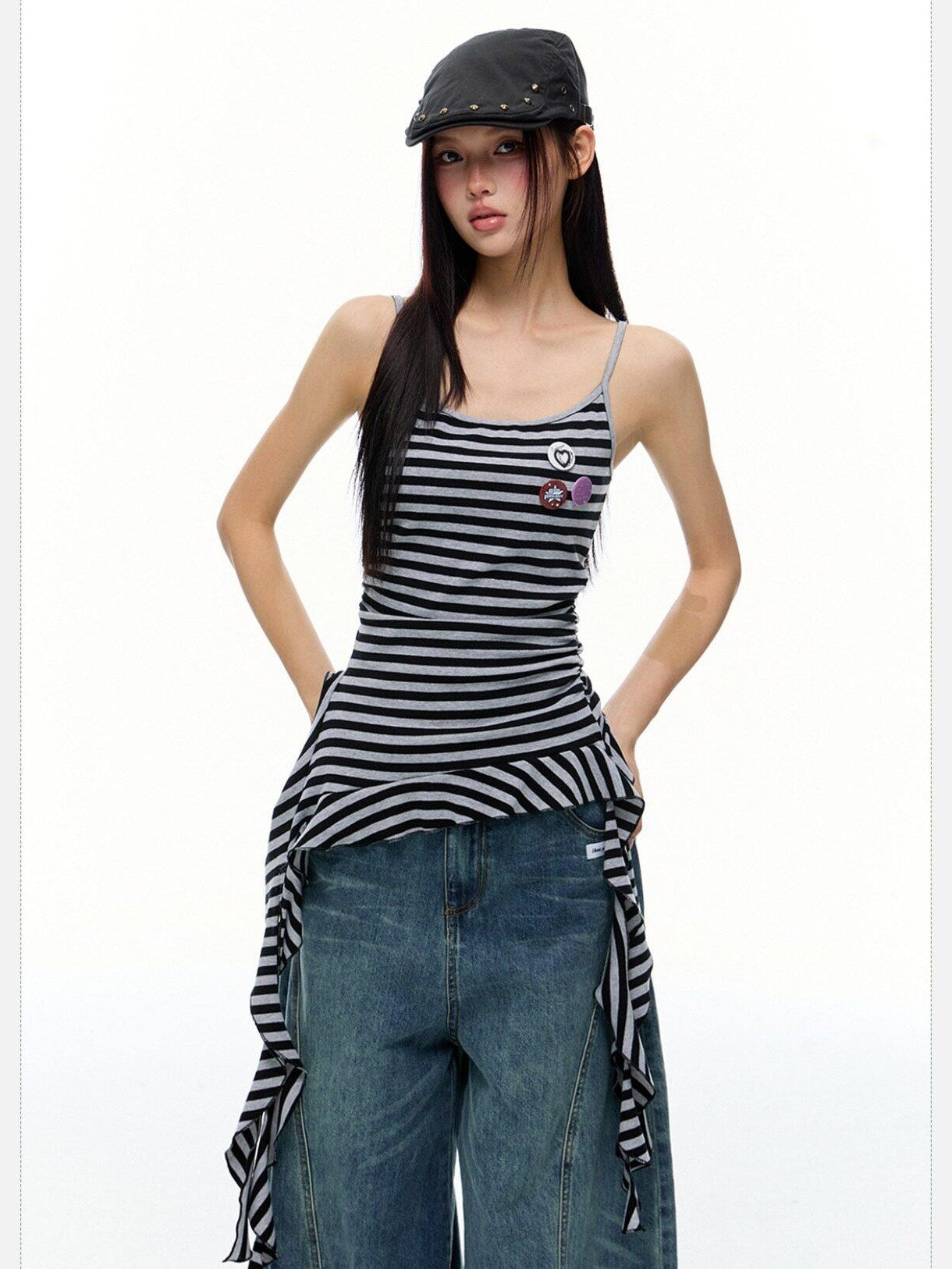 EZEK Striped Fringe Ribbon Slim Fit Asymmetric Women's Cotton Tank Tops
