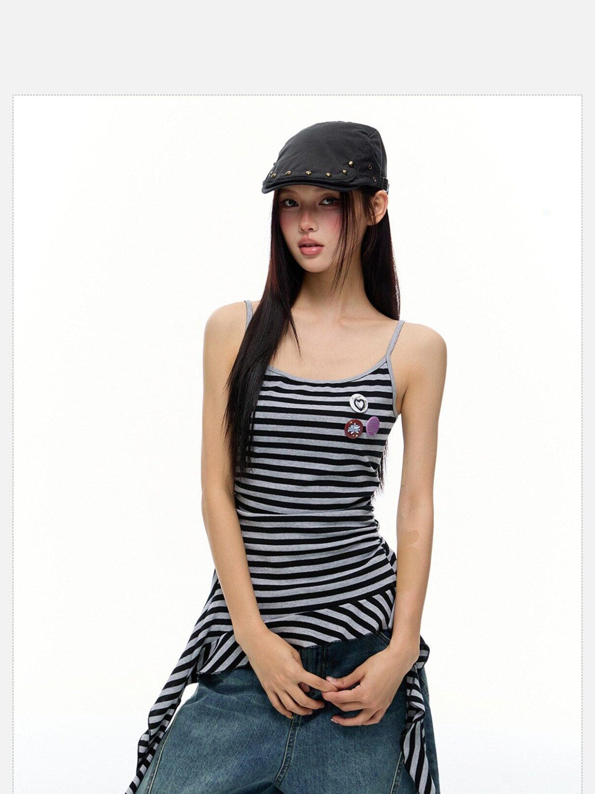 EZEK Striped Fringe Ribbon Slim Fit Asymmetric Women's Cotton Tank Tops