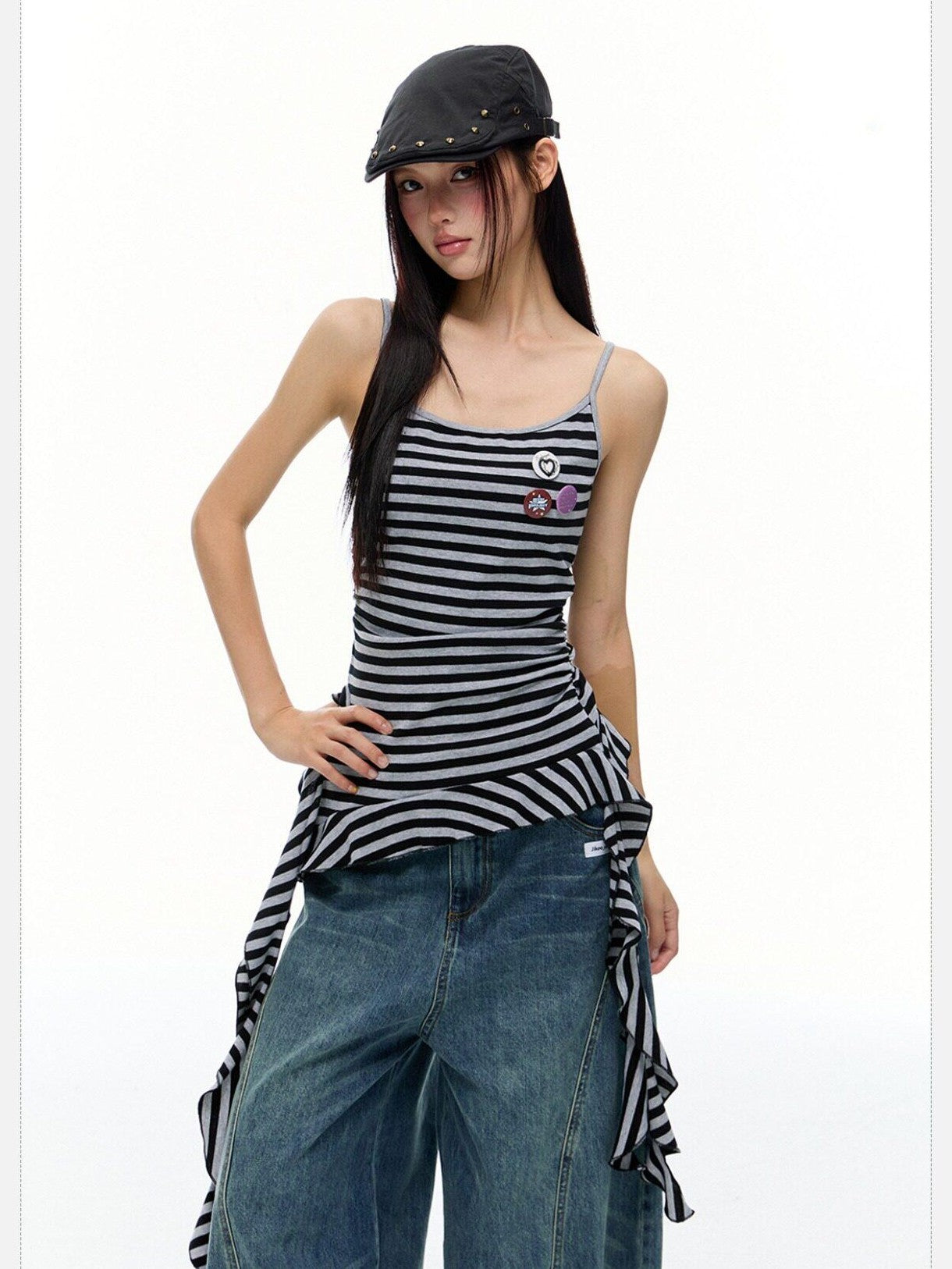EZEK Striped Fringe Ribbon Slim Fit Asymmetric Women's Cotton Tank Tops