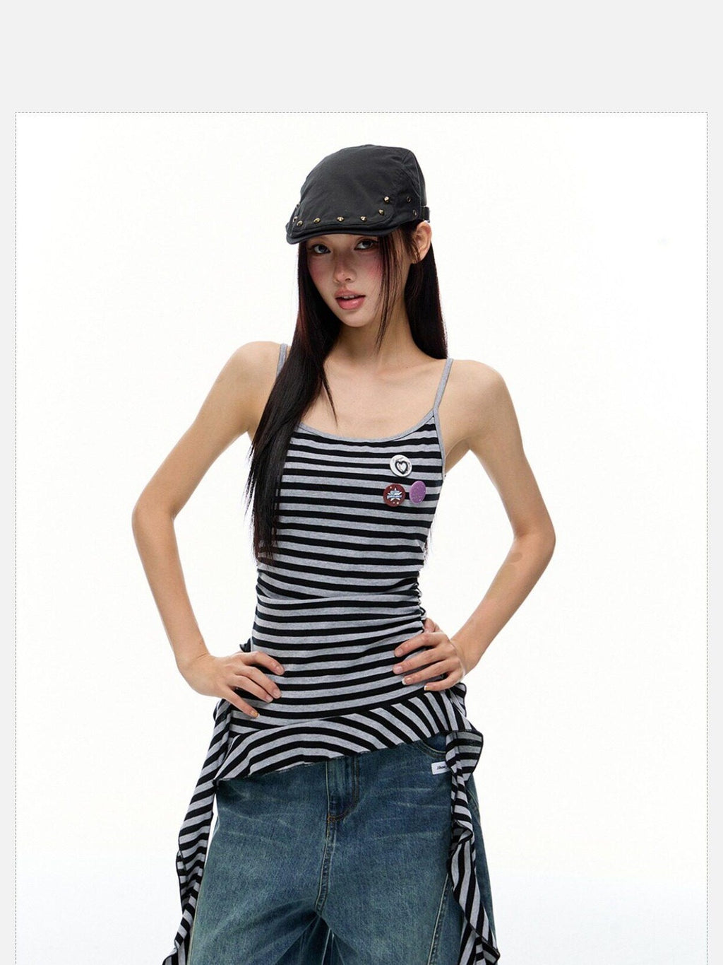 EZEK Striped Fringe Ribbon Slim Fit Asymmetric Women's Cotton Tank Tops