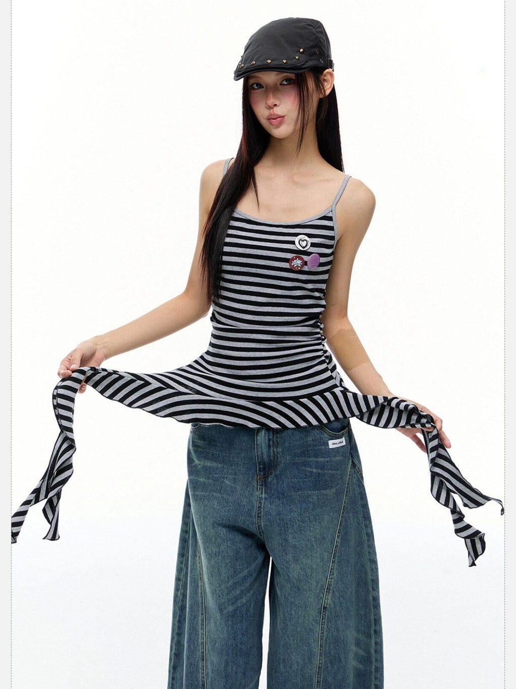 EZEK Striped Fringe Ribbon Slim Fit Asymmetric Women's Cotton Tank Tops