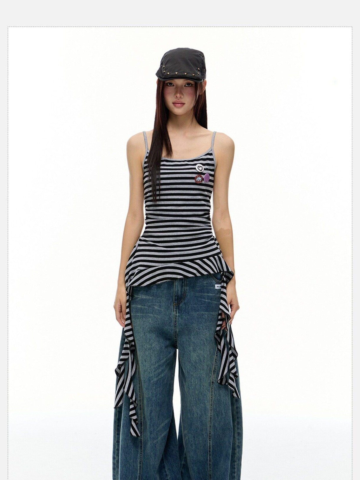 EZEK Striped Fringe Ribbon Slim Fit Asymmetric Women's Cotton Tank Tops