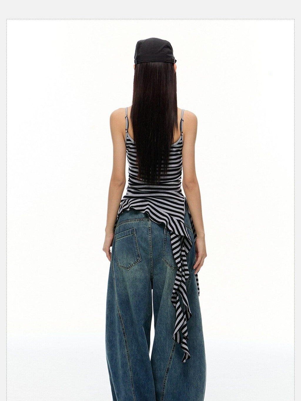 EZEK Striped Fringe Ribbon Slim Fit Asymmetric Women's Cotton Tank Tops